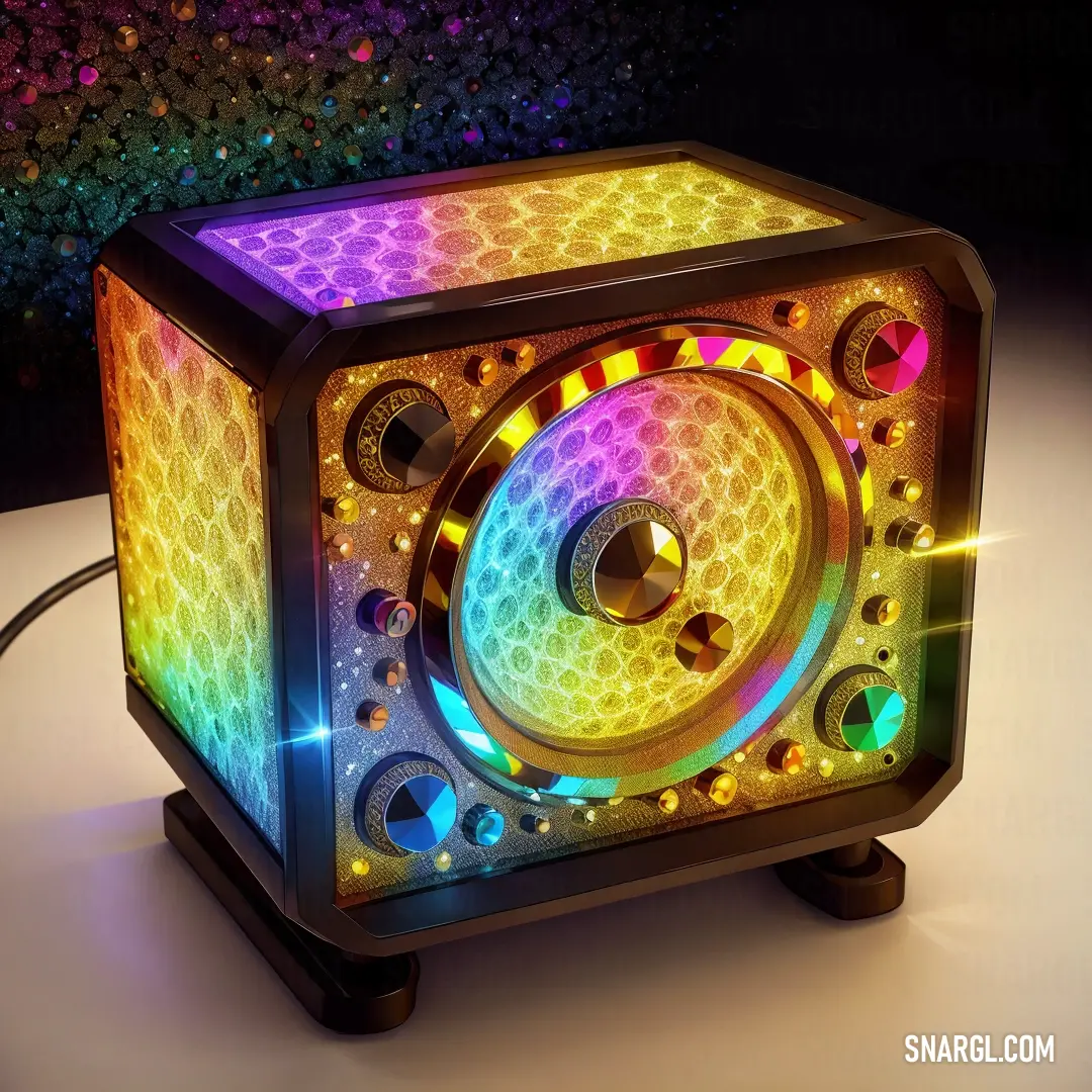 A colorful speaker, designed with vibrant, multicolored patterns on its side, sits with a cord attached, a striking piece of modern audio technology.