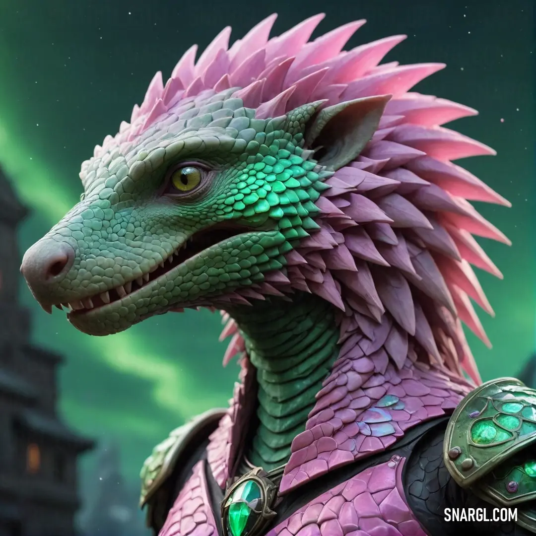 A majestic dragon statue adorned with lush green and pink hair wears a regal purple outfit, posed grandly with a stunning castle backdrop, invoking a whimsical fantasy atmosphere.