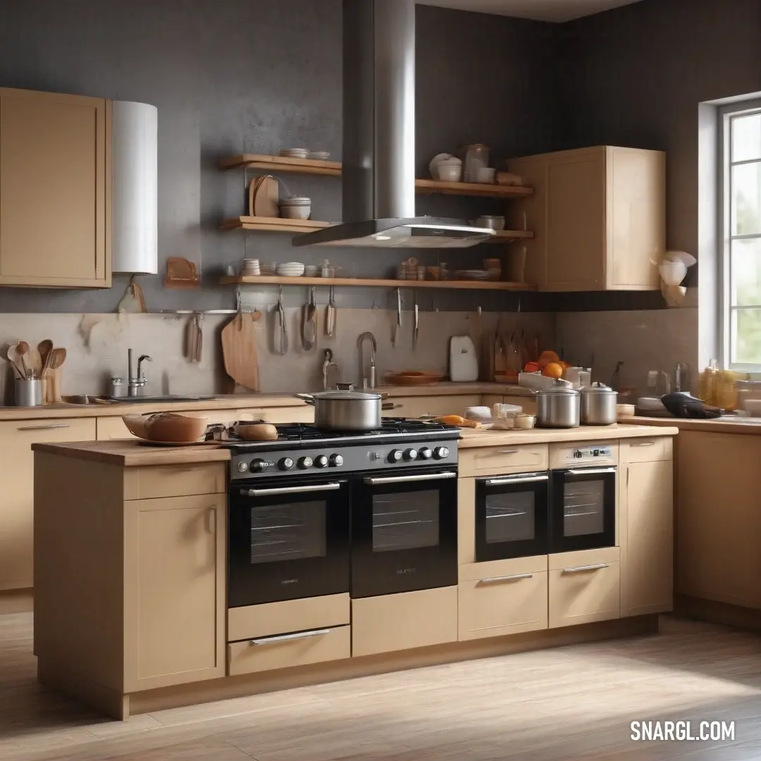 An inviting kitchen space featuring a sleek stove and oven, harmoniously integrated into a contemporary layout, accented by a warm color palette that enhances the overall functionality and style of the room.