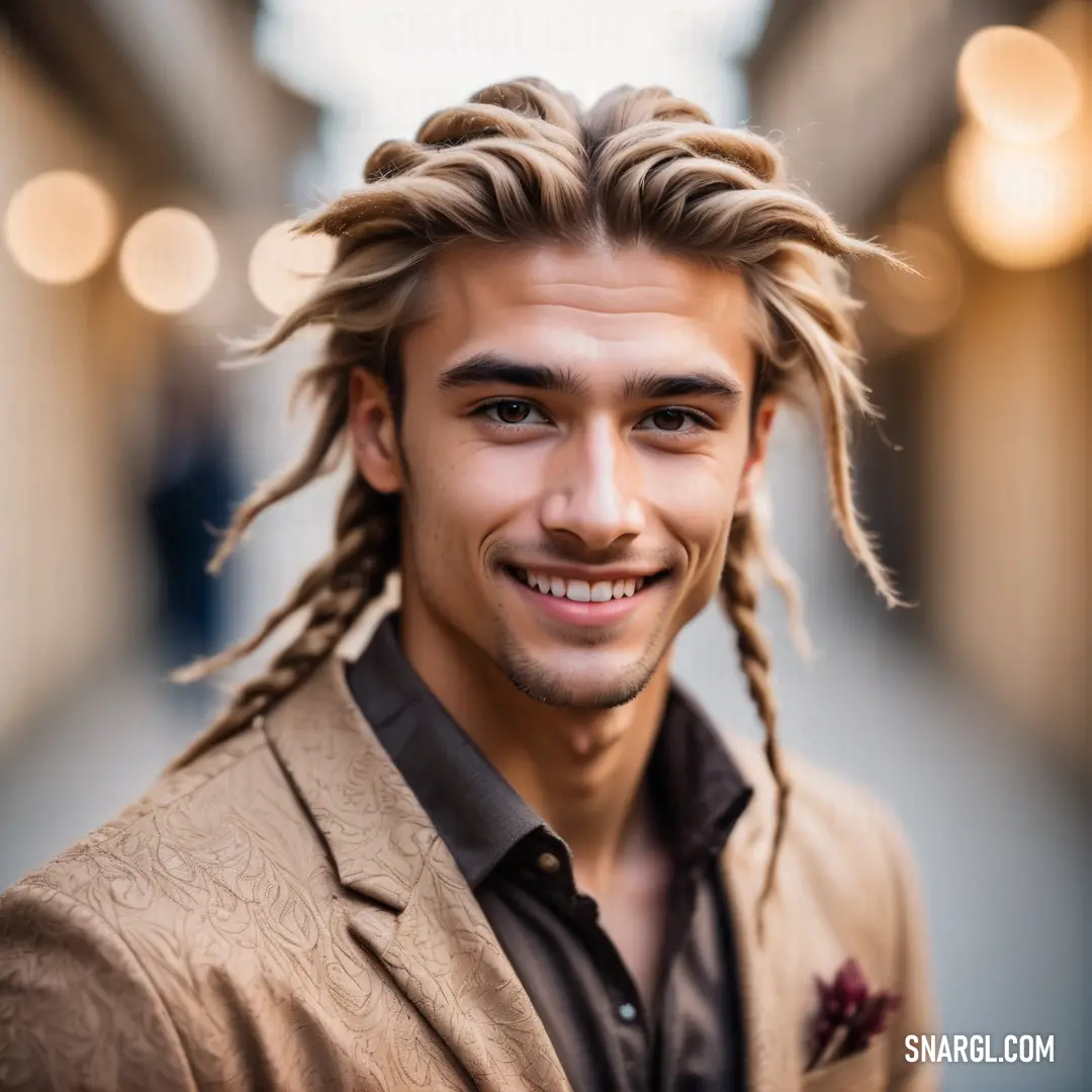 Man with long blonde hair and a jacket smiling at the camera with a smile on his face. Example of #E9DBB3 color.