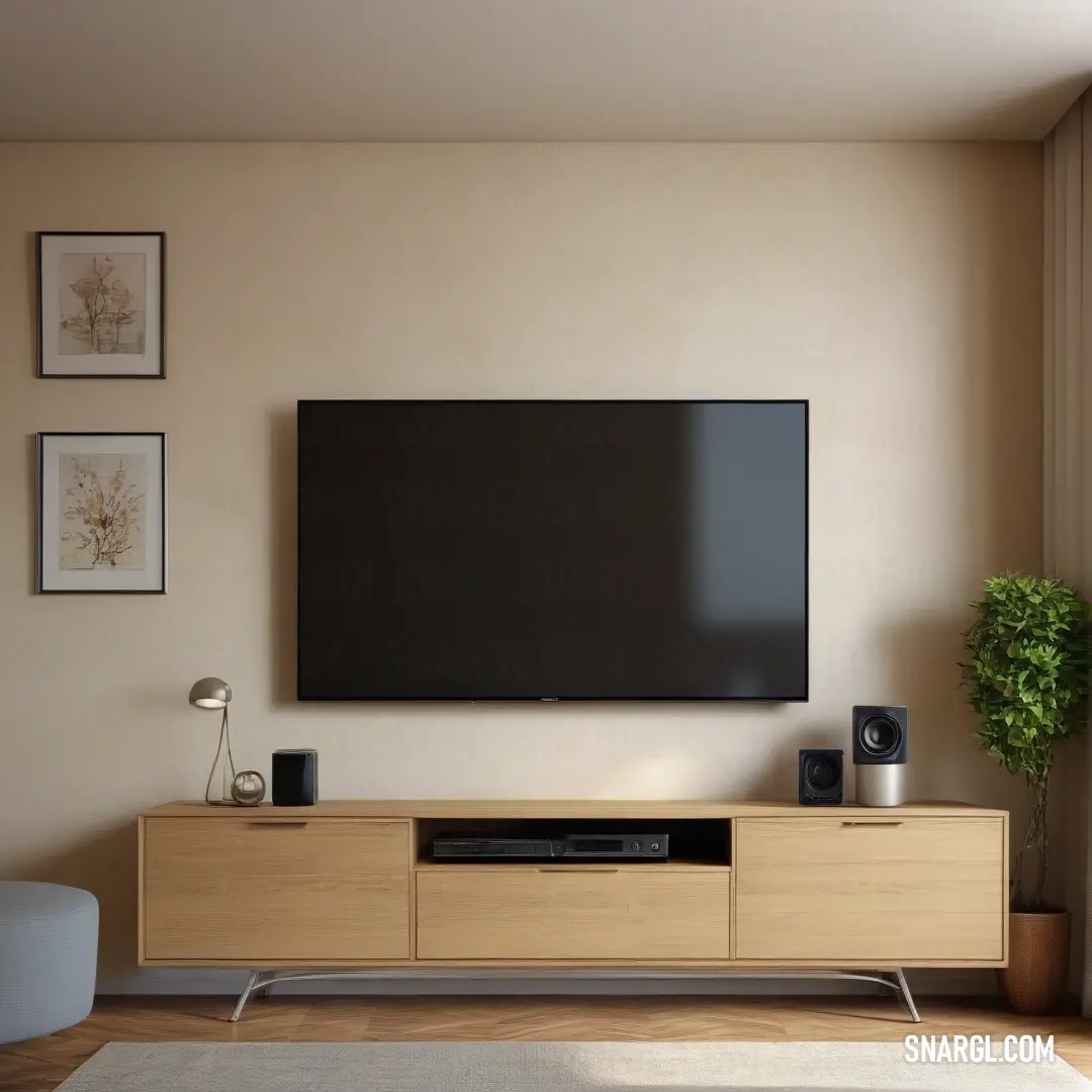 An elegant entertainment center featuring a large flat-screen TV mounted above a tastefully arranged wooden console, surrounded by decorative speakers and a lovely plant in a vase, creating a perfect setting for cozy movie nights.