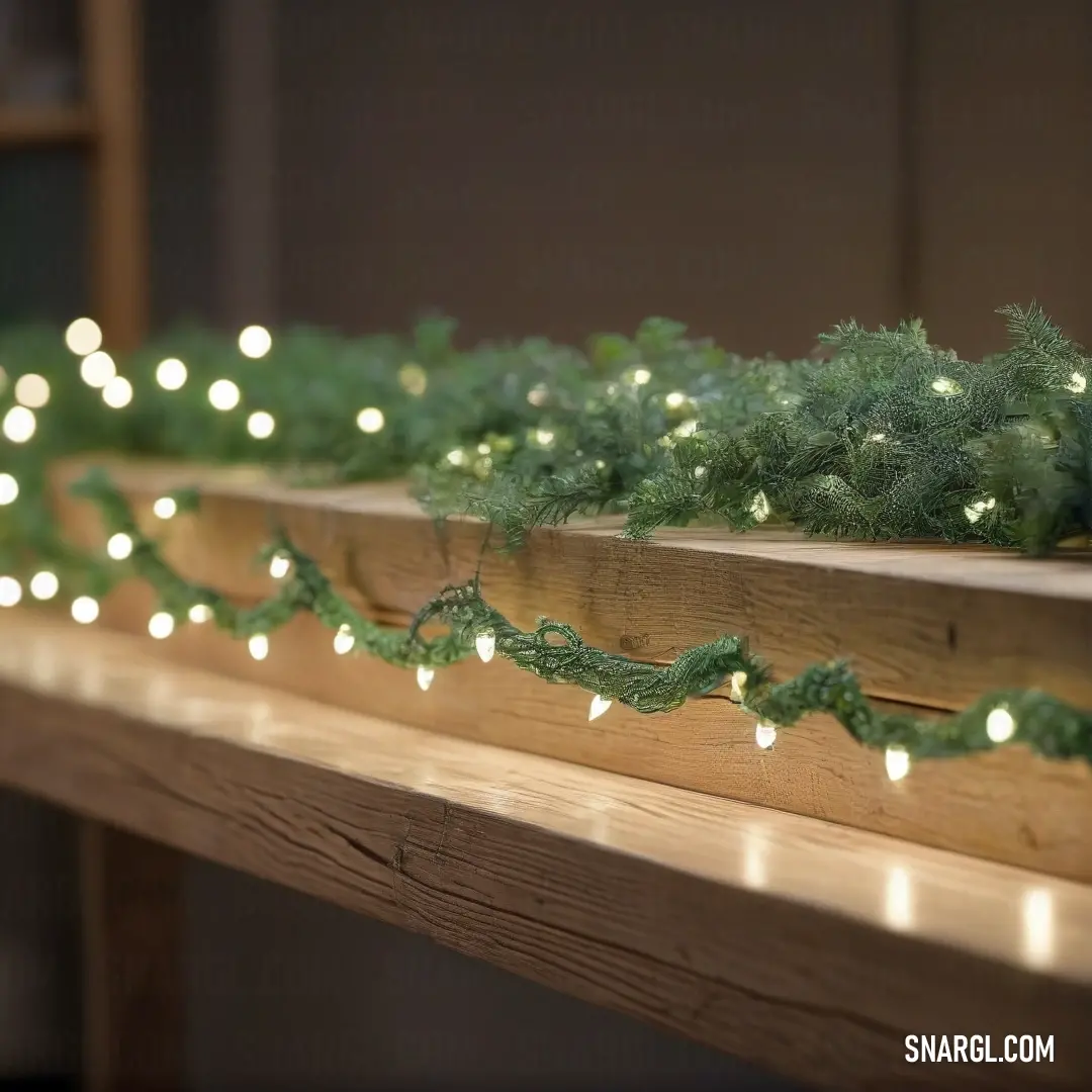 A beautifully arranged wooden shelf adorned with an array of twinkling lights, topped with a garland of shimmering lights, adding a festive touch and warmth to the surroundings, perfect for creating a cheerful ambiance.