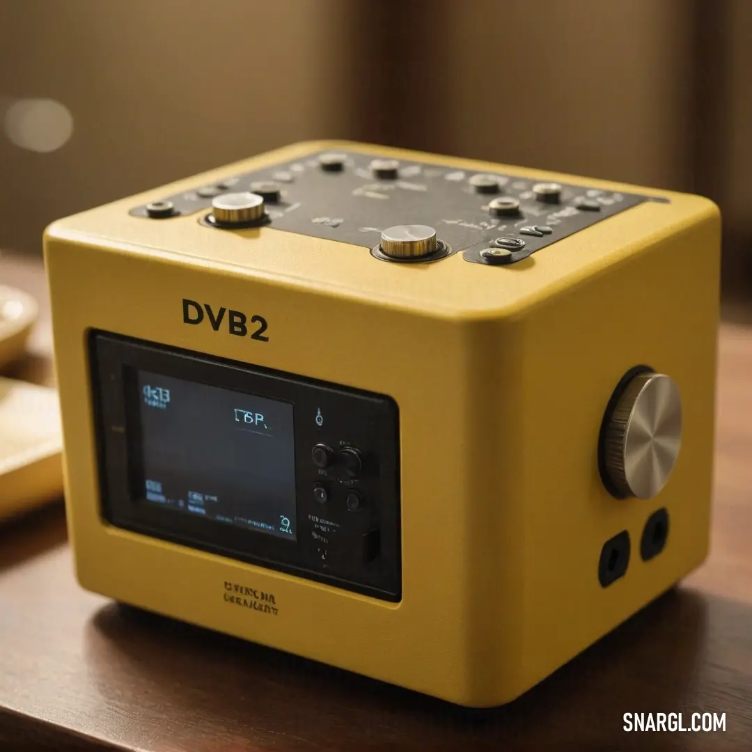 A cheerful yellow radio sits on a rustic wooden table, perfectly placed next to a delicious plate of food and a steaming cup of coffee. This joyful arrangement sets the stage for a delightful breakfast or snack time experience.