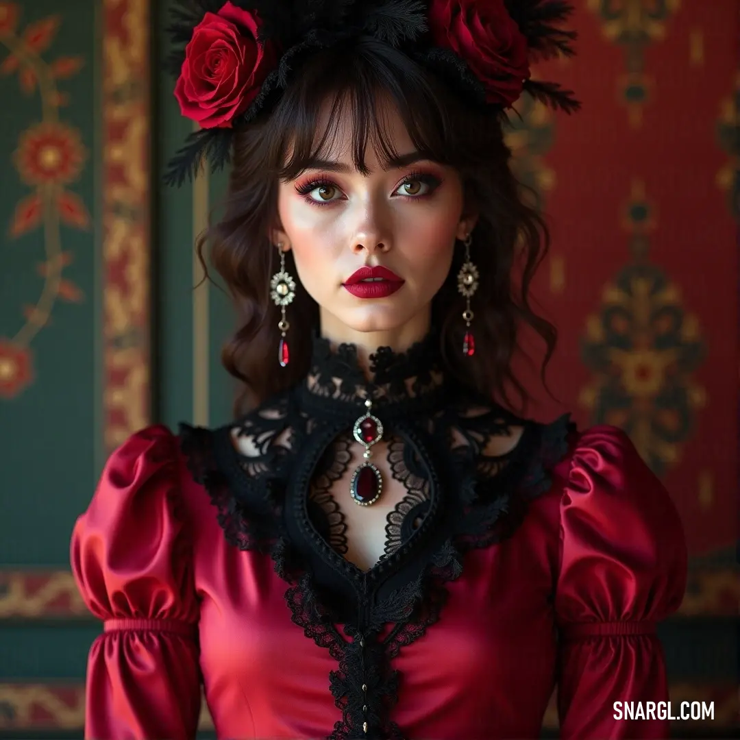 A stunning woman models a captivating red dress, featuring a subtle black lace collar and delicate floral accents, evoking vintage charm and grace in a soft, inviting setting.