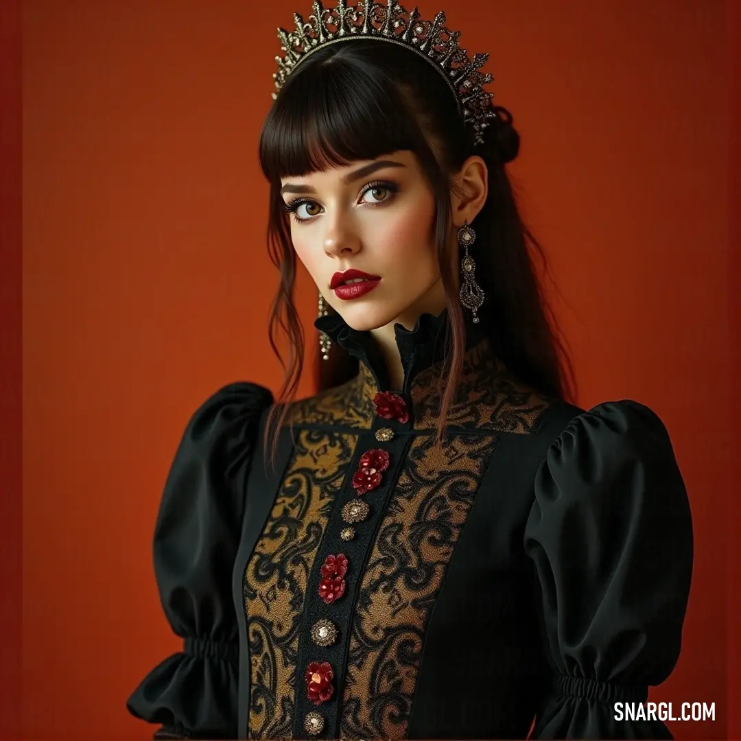 A graceful woman adorned with a tiara and a beautifully detailed dress featuring a bright red flower, radiates elegance and charm as she poses, surrounded by a soft, serene backdrop.