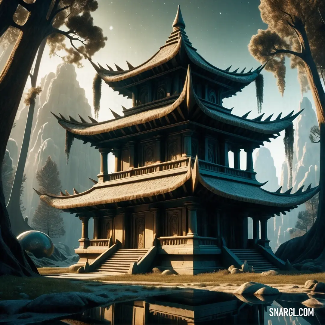 Painting of a pagoda in a forest. Color CMYK 6,10,30,2.