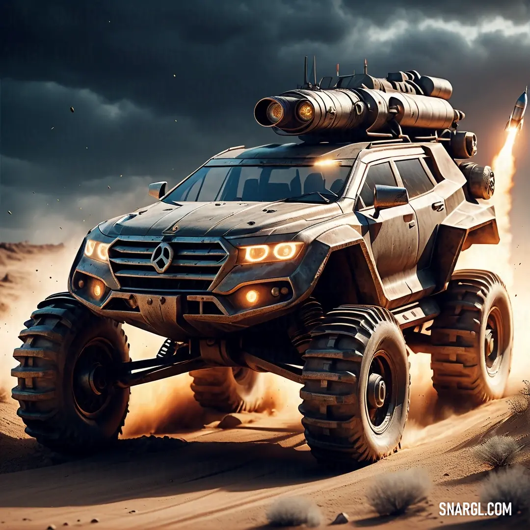 Futuristic vehicle with a rocket on top of it in the desert with a dark sky in the background. Color PANTONE 7501.