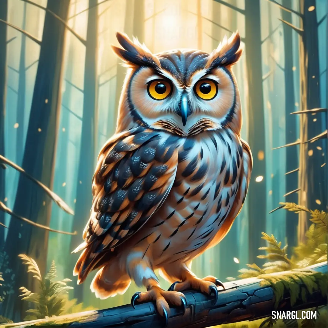 Painting of an owl on a branch in a forest with bright yellow eyes and a glowing glow. Color CMYK 6,14,39,8.