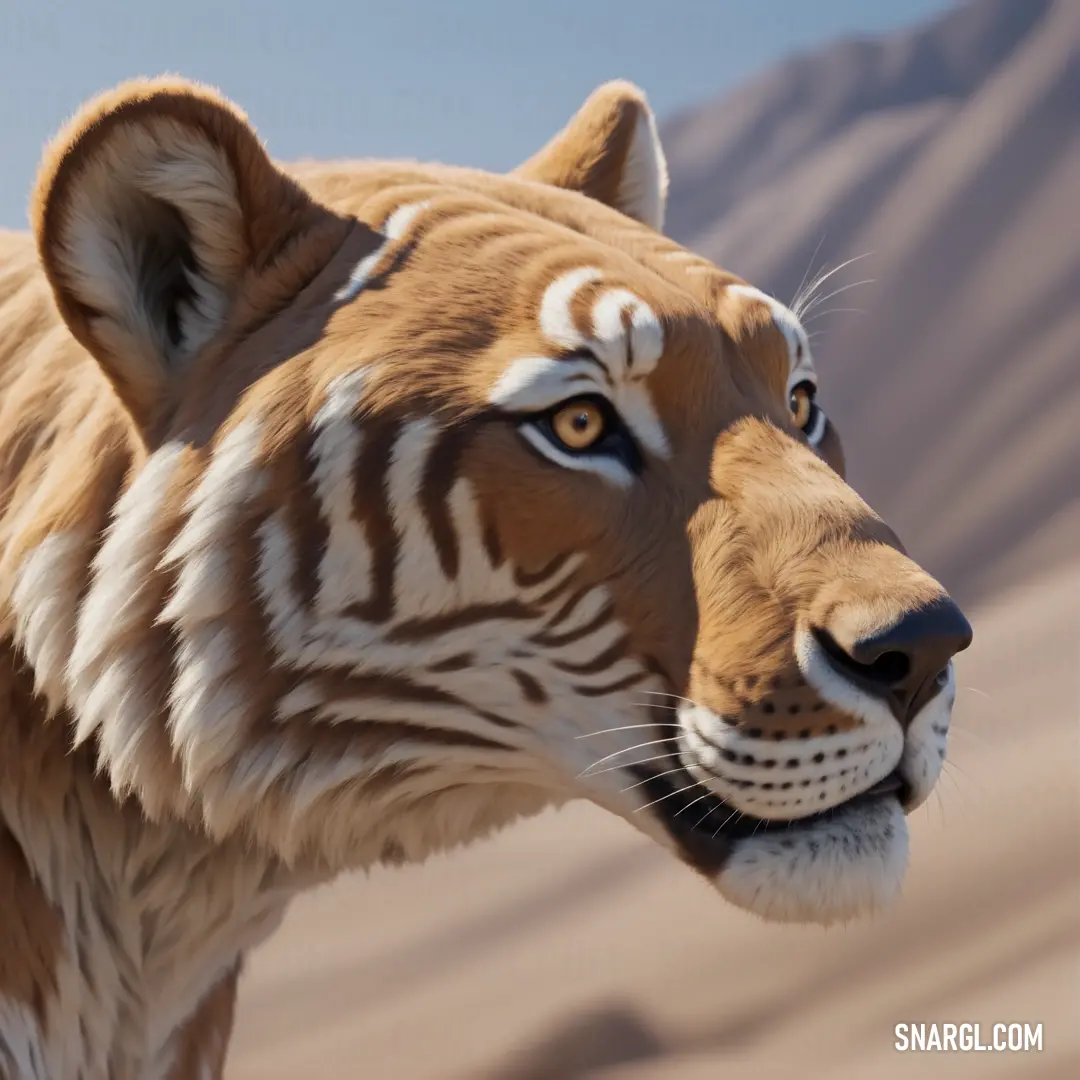 Tiger with a white stripe on its face and a mountain in the background. Color #977653.