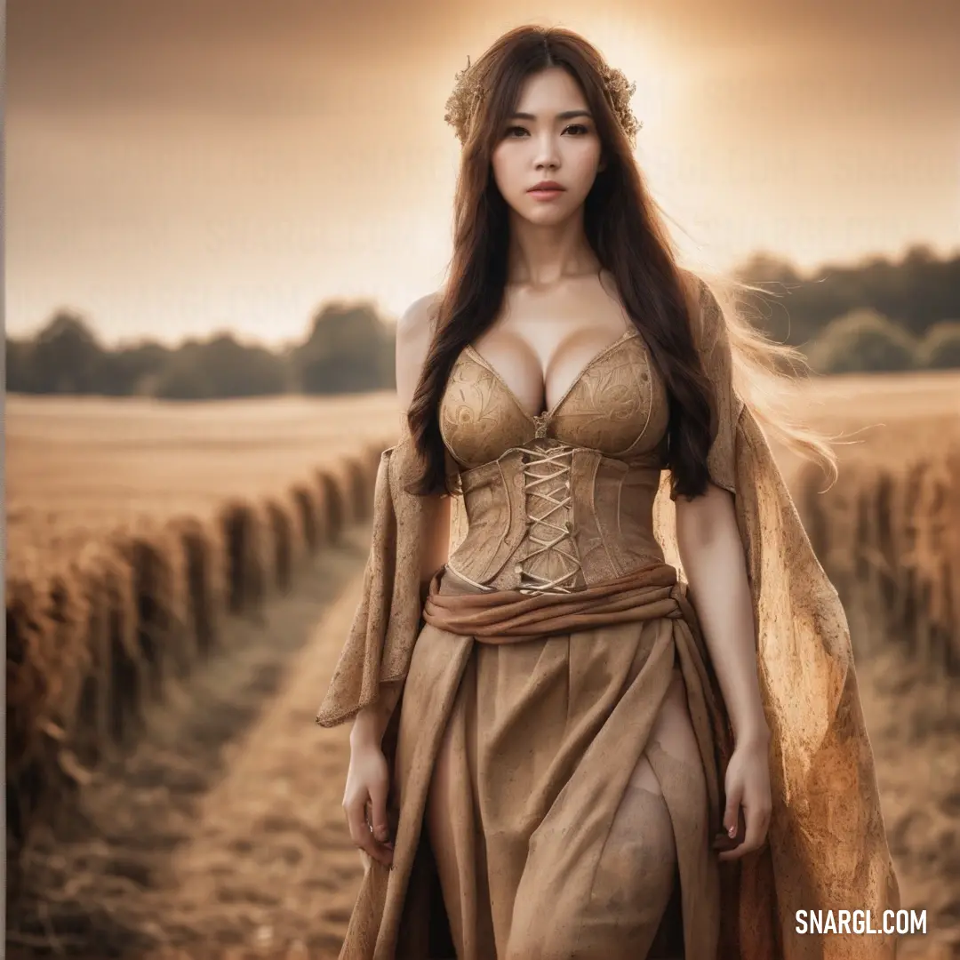 Woman in a corset and dress walking through a field of wheat stalks with a sun in the background. Color PANTONE 7504.
