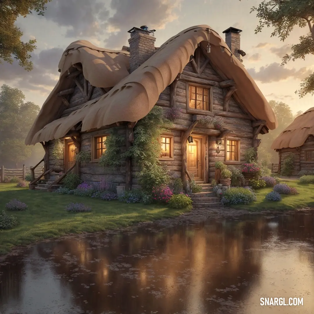 Painting of a log cabin with a pond and a house with a thatched roof. Color RGB 135,98,62.
