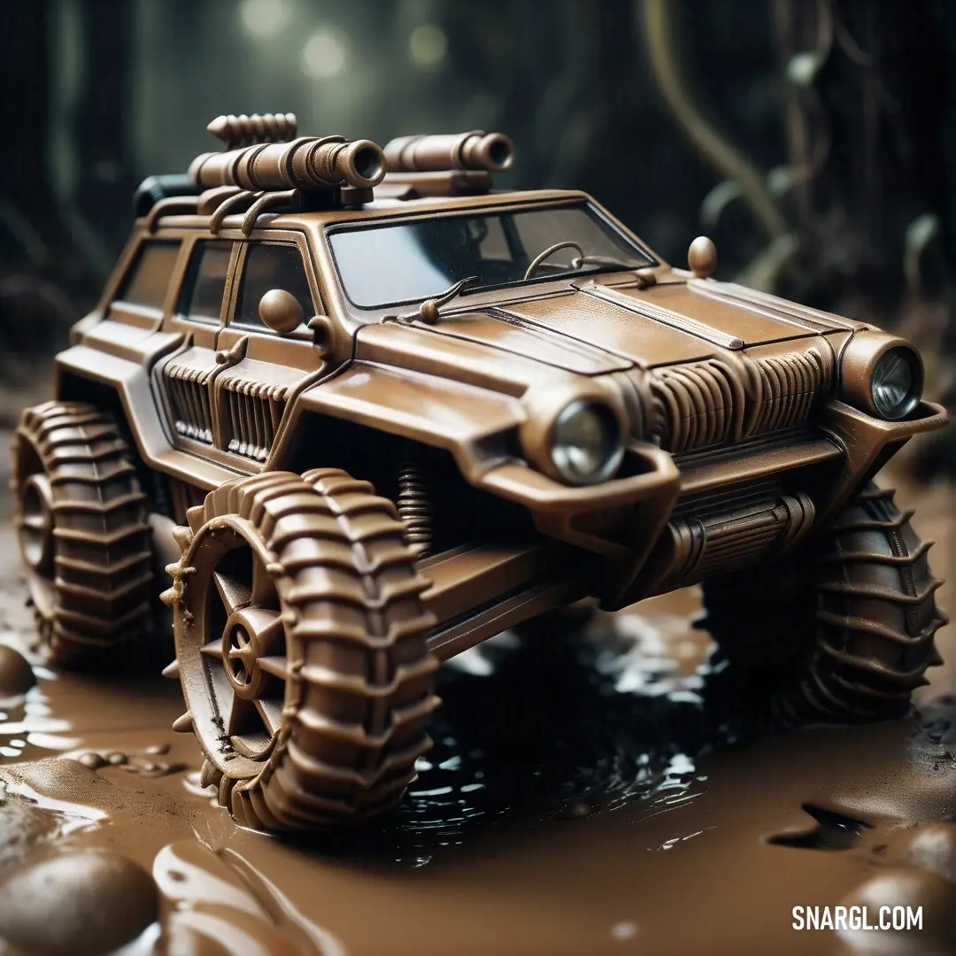 Toy truck is in a muddy puddle of water and rocks, with a forest in the background. Color CMYK 17,44,62,49.