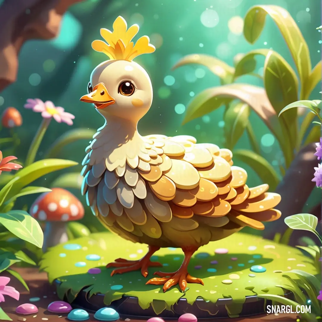 Cartoon chicken standing in a garden with flowers and mushrooms around it's edges and a mushroom - like area. Example of RGB 242,219,179 color.