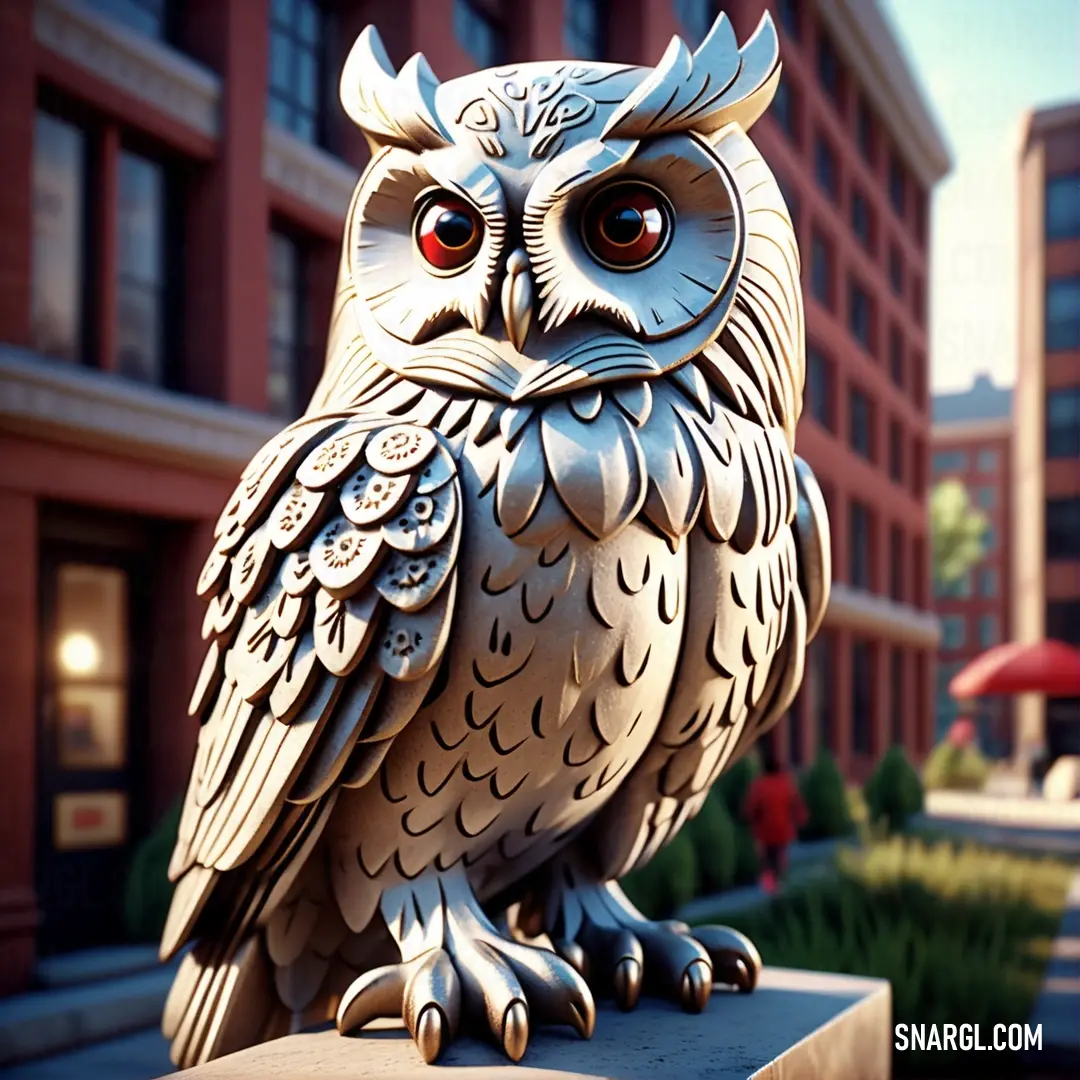 PANTONE 7506 color example: Statue of an owl on a ledge in front of a building with a red umbrella in the background
