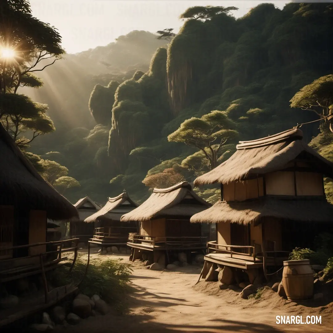 Row of huts on top of a lush green hillside next to a forest filled with trees and bushes. Color #F4D1A1.