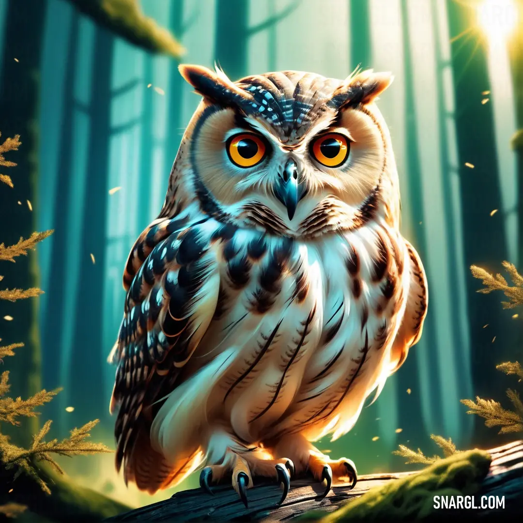 Painting of an owl on a tree branch in a forest with bright yellow eyes and a green background. Color #E2BC83.