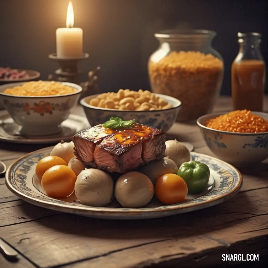 Plate of food on a table with a candle and bowls of food in the background. Color RGB 218,171,104.