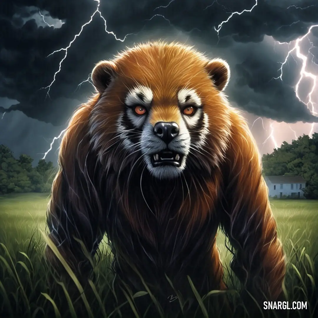 Painting of a raccoon in a field with a lightning in the background. Color #B5701E.