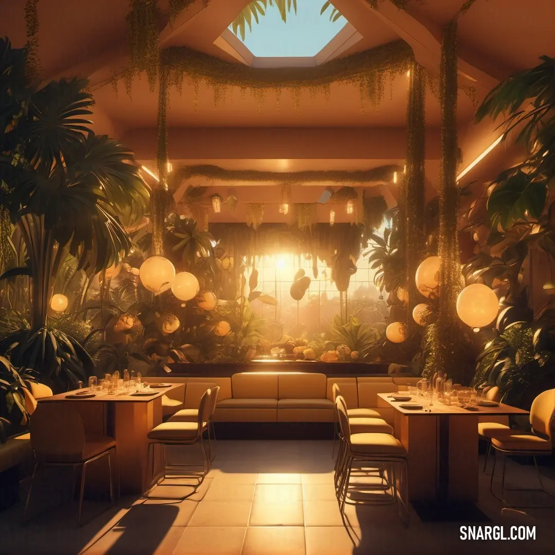 Restaurant with a lot of plants and tables and chairs and a skylight in the ceiling. Color CMYK 5,52,100,24.