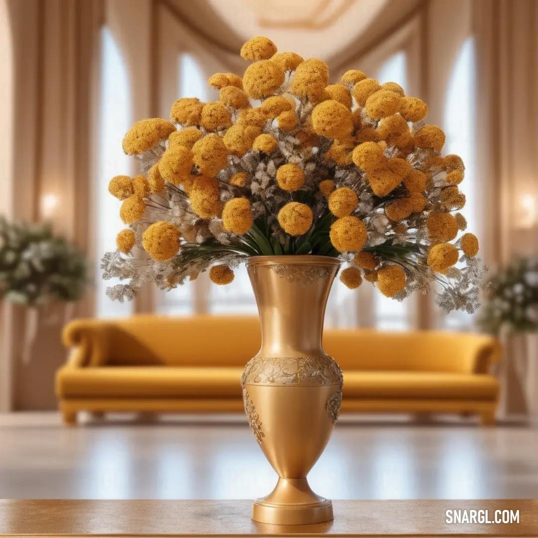 Vase with yellow flowers in a living room setting with a couch and windows in the background. Example of #B5701E color.