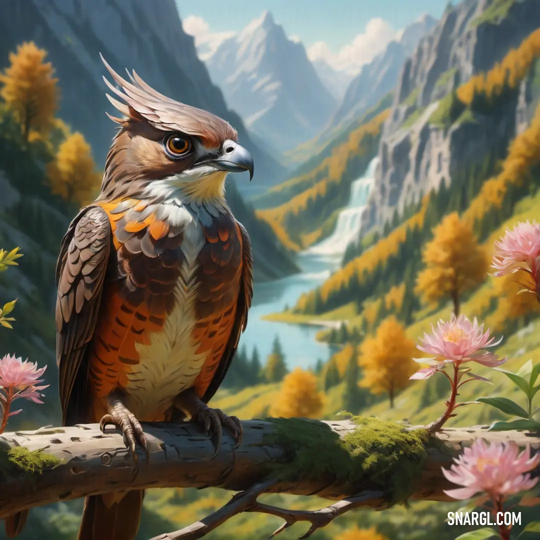 Bird on a branch with a mountain background behind it and flowers in the foreground