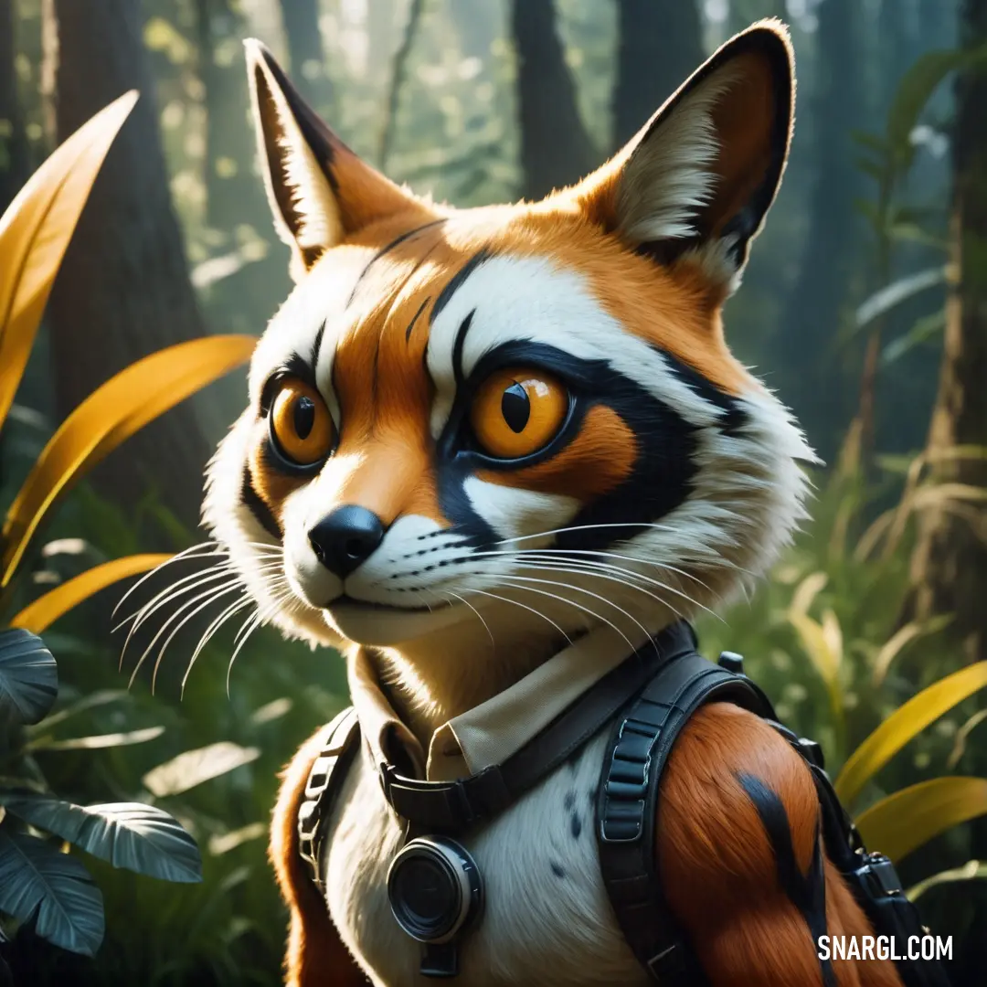 Close up of a fox in a forest with plants and trees in the background and a person in a vest. Example of RGB 169,100,30 color.