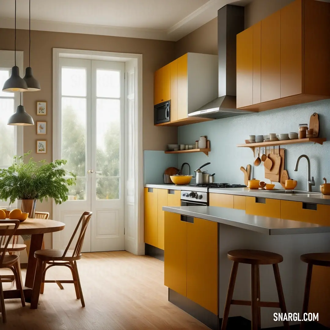 Kitchen with a table and chairs and a potted plant on the counter top and a potted plant on the counter. Color PANTONE 7512.