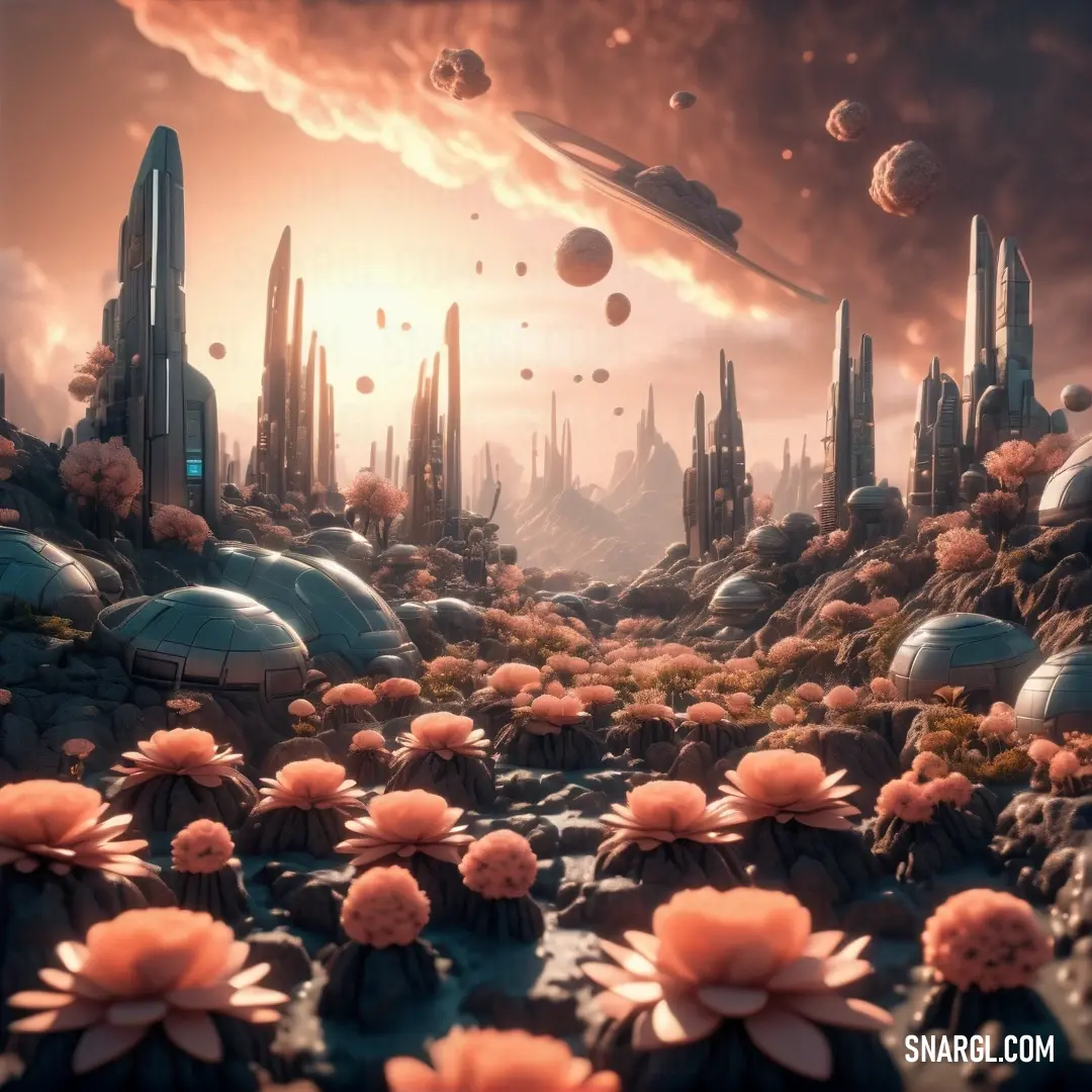 Futuristic landscape with flowers and planets in the sky and a sun setting in the background. Color PANTONE 7513.