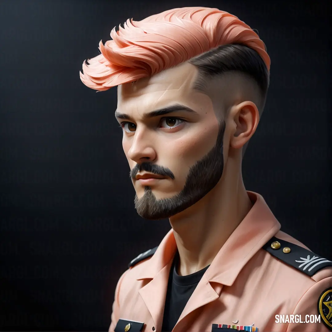 Man with a pink mohawk and a beard with a pink mohawk and a black shirt with a gold emblem. Color RGB 235,191,166.