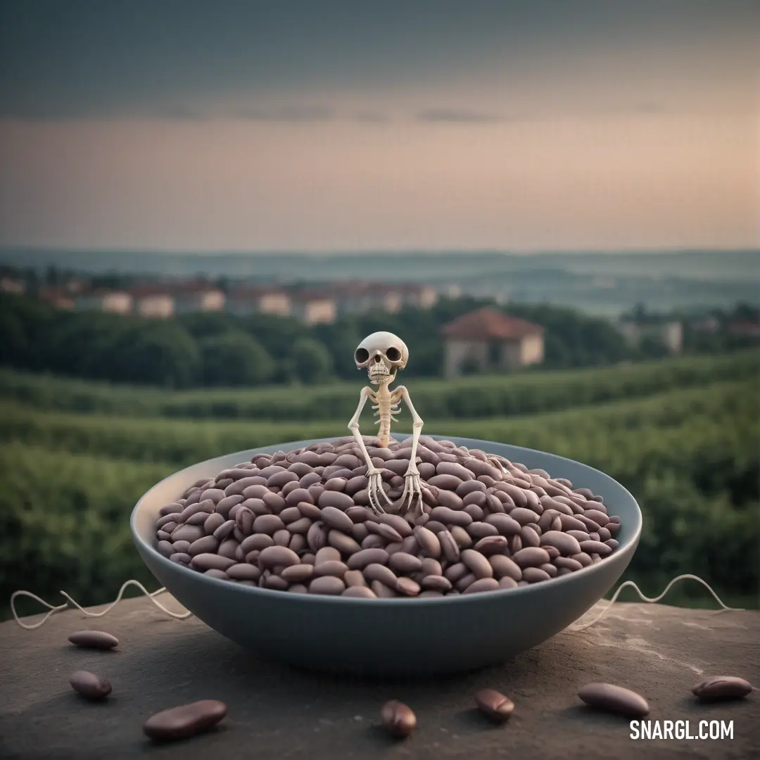PANTONE 7513 color example: Skeleton in a bowl of beans on a table with a view of a town in the distance