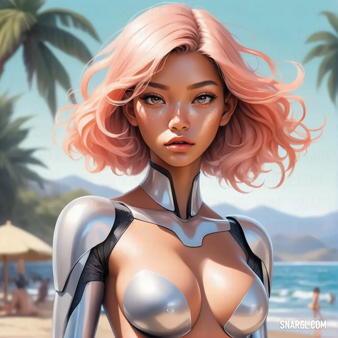 Woman with pink hair and a futuristic suit on a beach with palm trees in the background. Color #EBBFA6.