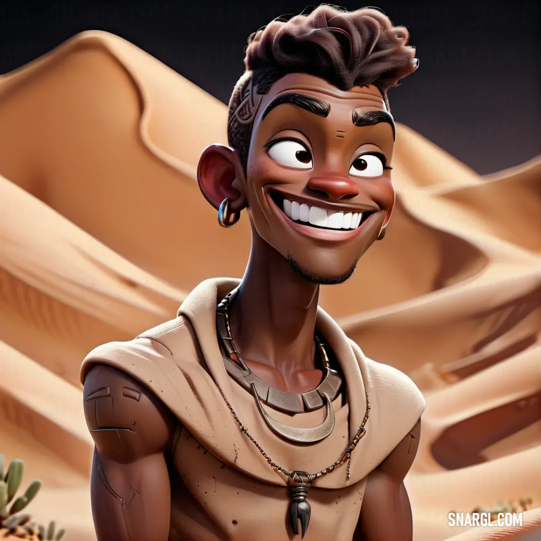 Cartoon character with a funny smile on his face and a desert background. Color CMYK 3,35,36,5.