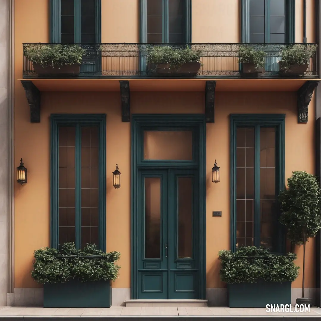 Building with a green door and two windows and a planter with potted plants on the outside. Example of PANTONE 7514 color.