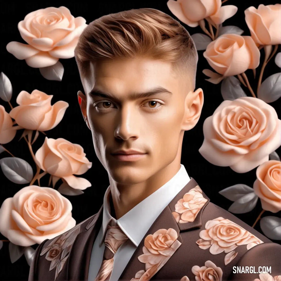 Man with a suit and tie in front of roses and leaves on a black background. Example of #C79171 color.