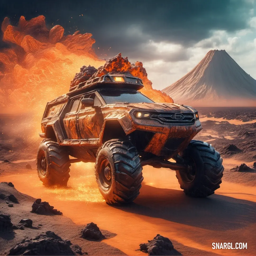 Monster truck driving through a desert with a volcano in the background. Example of CMYK 5,43,49,11 color.