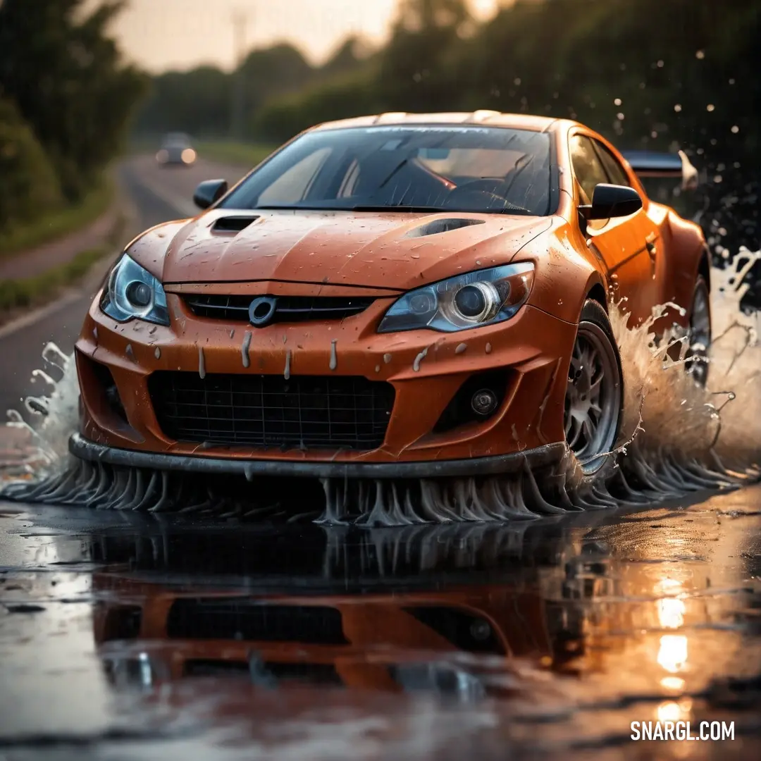 Car driving through a puddle of water on a road with trees in the background. Example of CMYK 11,72,92,36 color.