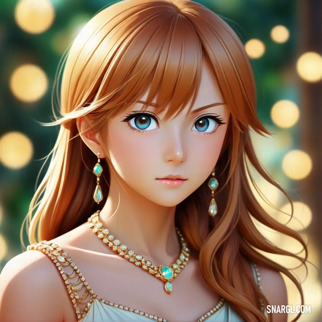 Girl with long hair and blue eyes wearing a necklace and earrings with pearls. Color RGB 154,84,48.