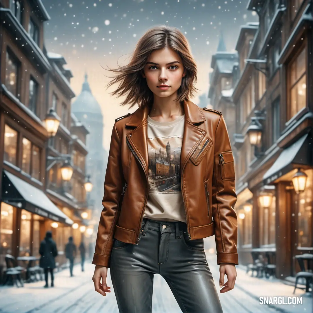 Woman in a leather jacket is standing in the snow in a city street with a snowy background. Example of PANTONE 7516 color.