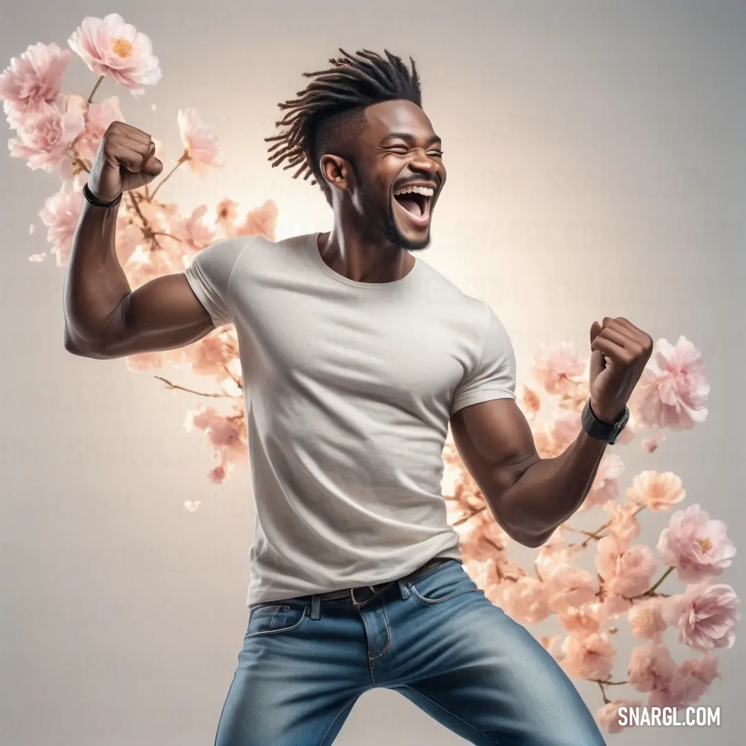 Man with dreadlocks holding a flower and a fist up in the air. Example of CMYK 21,56,49,60 color.