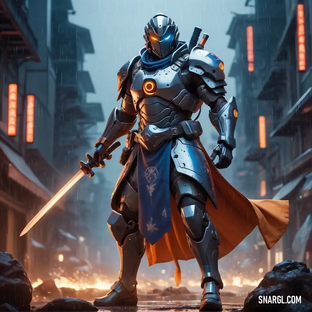 Man in armor holding a sword in a city street at night with lights on the buildings and a rain falling. Color PANTONE 7518.