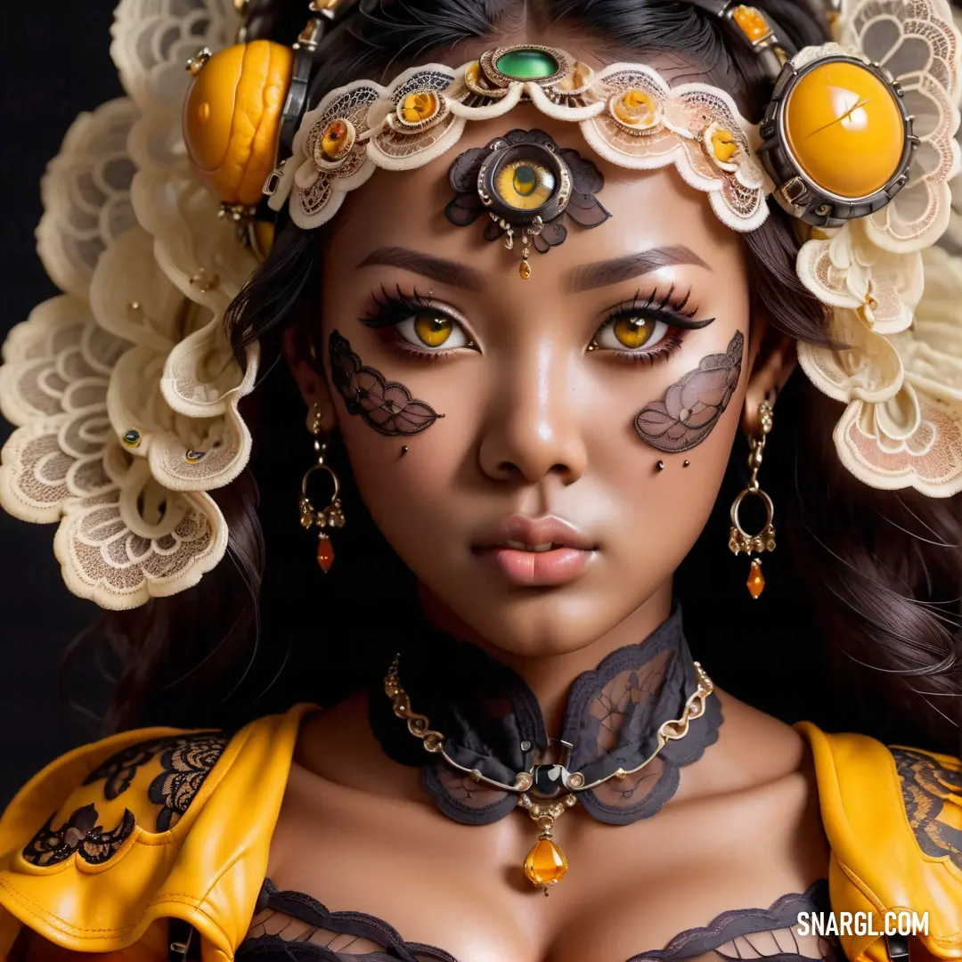 Woman with a very elaborate head piece and jewelry on her face and chest. Example of PANTONE 7518 color.