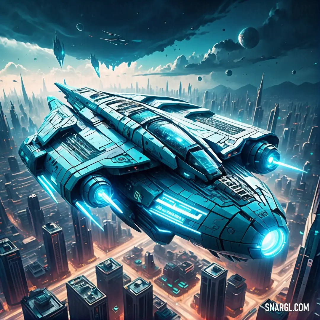 Futuristic city with a futuristic spaceship flying over it's cityscape. Color #EAC2B1.