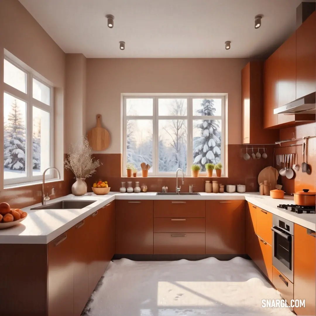 PANTONE 7521 color. Kitchen with a lot of counter space and a window in the corner of the room with a view of the snow outside