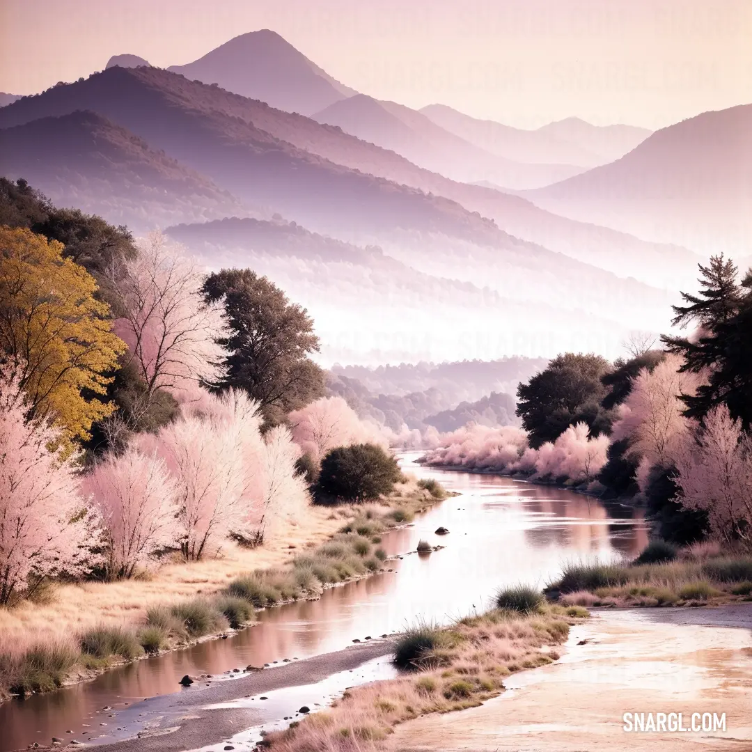 River running through a lush green forest filled with trees and flowers next to a mountain range with a pink sky
