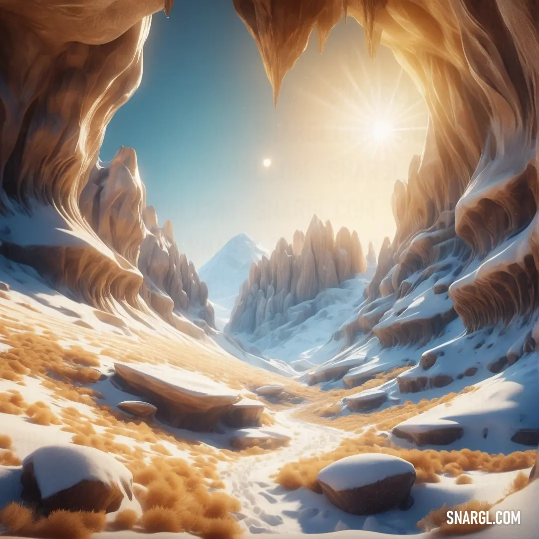 Snowy landscape with a sun shining through a cave entrance and a snowy mountain landscape with rocks and snow. Example of #C7A38E color.