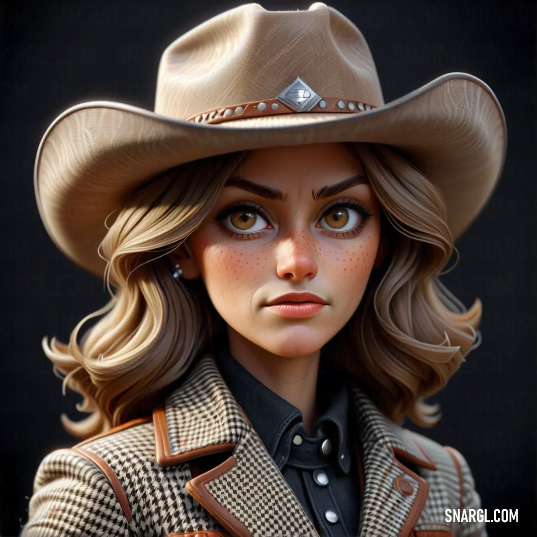 Woman with a cowboy hat and a jacket on is looking at the camera with a serious look on her face. Color RGB 199,163,142.