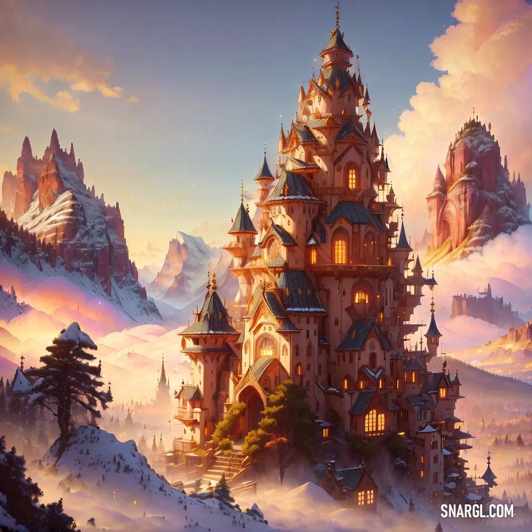 Castle in the middle of a snowy mountain range with a sky background. Color RGB 184,112,91.