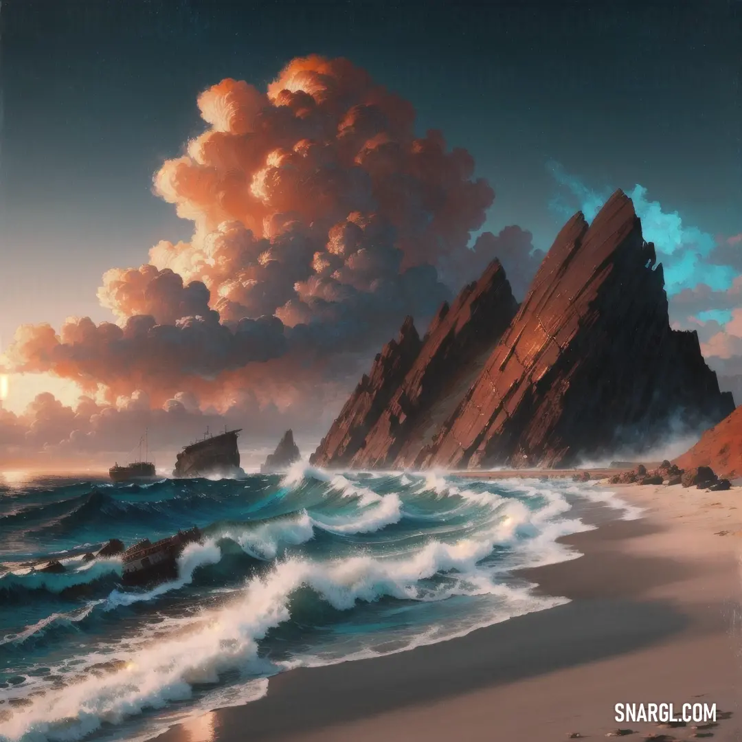 Painting of a beach with waves crashing on the shore and a rock formation in the distance with a sunset in the background