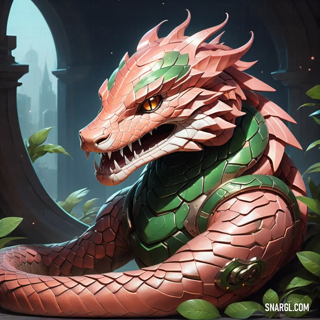Red and green dragon statue on top of a lush green field of leaves next to a window. Color PANTONE 7522.
