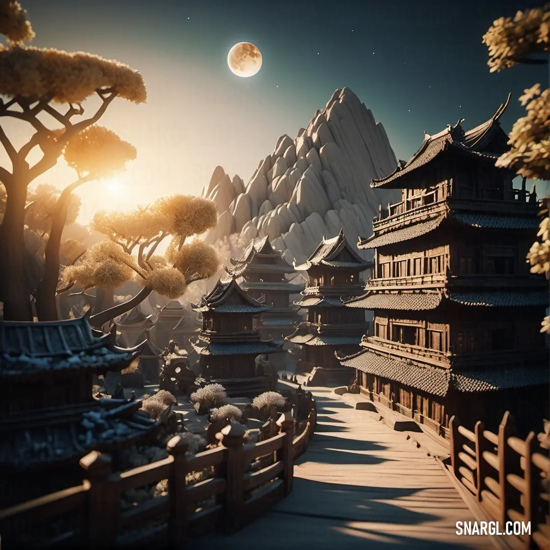3d rendering of a landscape with a mountain and a pagoda in the background with a full moon in the sky. Color PANTONE 7525.